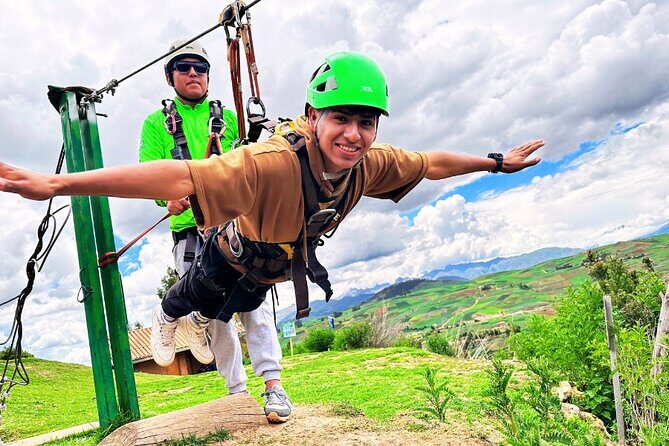 Zipline in the Sacred Valley of the Incas from Cusco - Harness, helmet, gloves, and the instructor setup